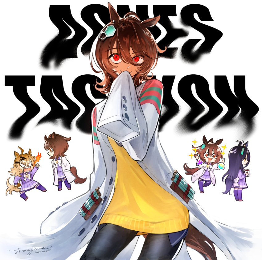 3girls, agnes_tachyon_(umamusume), ahoge, animal_ears, back_bow, bandolier, black_hair, black_necktie, black_pantyhose, blue_eyes, bow, brown_footwear, character_name, chemical_structure, clenched_hand, coat, coffee_mug, commentary_request, cowboy_shot, cup, dated, earrings, erlenmeyer_flask, flask, flat_chest, full_body, hair_ornament, hands_in_pockets, highres, holding, holding_cup, holding_flask, horse_ears, horse_girl, horse_tail, jam_(umamusume), jewelry, jungle_pocket_(umamusume), lab_coat, long_hair, long_sleeves, manhattan_cafe_(umamusume), messy_hair, mug, multicolored_hair, multiple_girls, necktie, open_clothes, open_coat, open_mouth, pantyhose, ponytail, purple_serafuku, purple_shirt, purple_skirt, purple_thighhighs, round-bottom_flask, school_uniform, serafuku, sharp_teeth, shirt, short_hair, short_necktie, signature, simple_background, single_earring, skirt, sleeves_past_fingers, sleeves_past_wrists, smile, sparkle, streaked_hair, sweater, tail, tail_through_clothes, teeth, test_tube, tetsujima, thigh-highs, tracen_school_uniform, umamusume, v-shaped_eyebrows, very_long_hair, very_long_sleeves, white_background, white_bow, white_hair, winter_uniform, x_hair_ornament, yellow_sweater