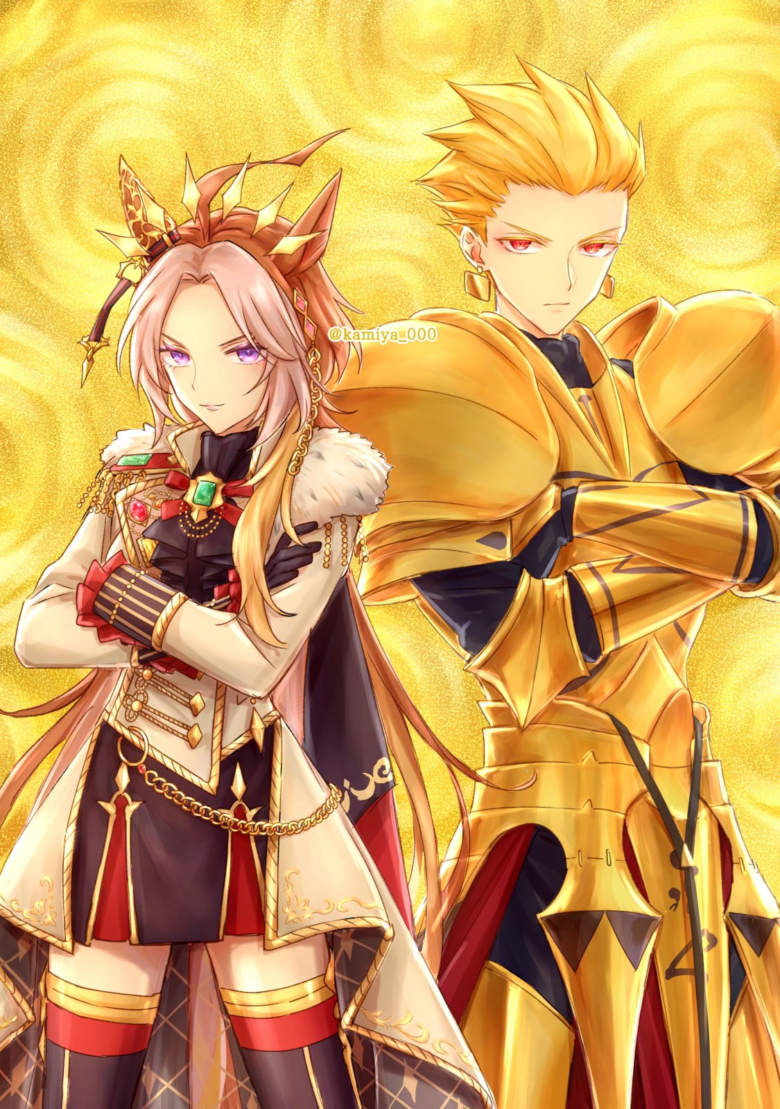 1boy, 1girl, ahoge, animal_ears, armor, ascot, blonde_hair, bow, breastplate, brooch, brown_hair, crossed_arms, crossover, ear_covers, ear_ornament, earrings, fate/extra, fate/grand_order, fate/hollow_ataraxia, fate/stay_night, fate/strange_fake, fate/zero, fate_(series), faulds, full_armor, fur-trimmed_jacket, fur_trim, gate_of_babylon_(fate), gilgamesh_(fate), gold_armor, highres, horse_ears, horse_girl, jacket, jewelry, kamiya_(kamiya_000), long_hair, long_sleeves, looking_at_viewer, multicolored_hair, orange_hair, orfevre_(umamusume), pauldrons, plate_armor, red_eyes, short_hair, shoulder_armor, single_ear_cover, skirt, smile, thigh-highs, umamusume, violet_eyes, white_hair