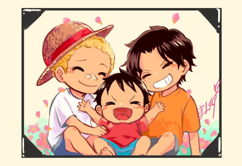 3boys, ^_^, aged_down, baby, black_hair, blonde_hair, blue_shorts, child