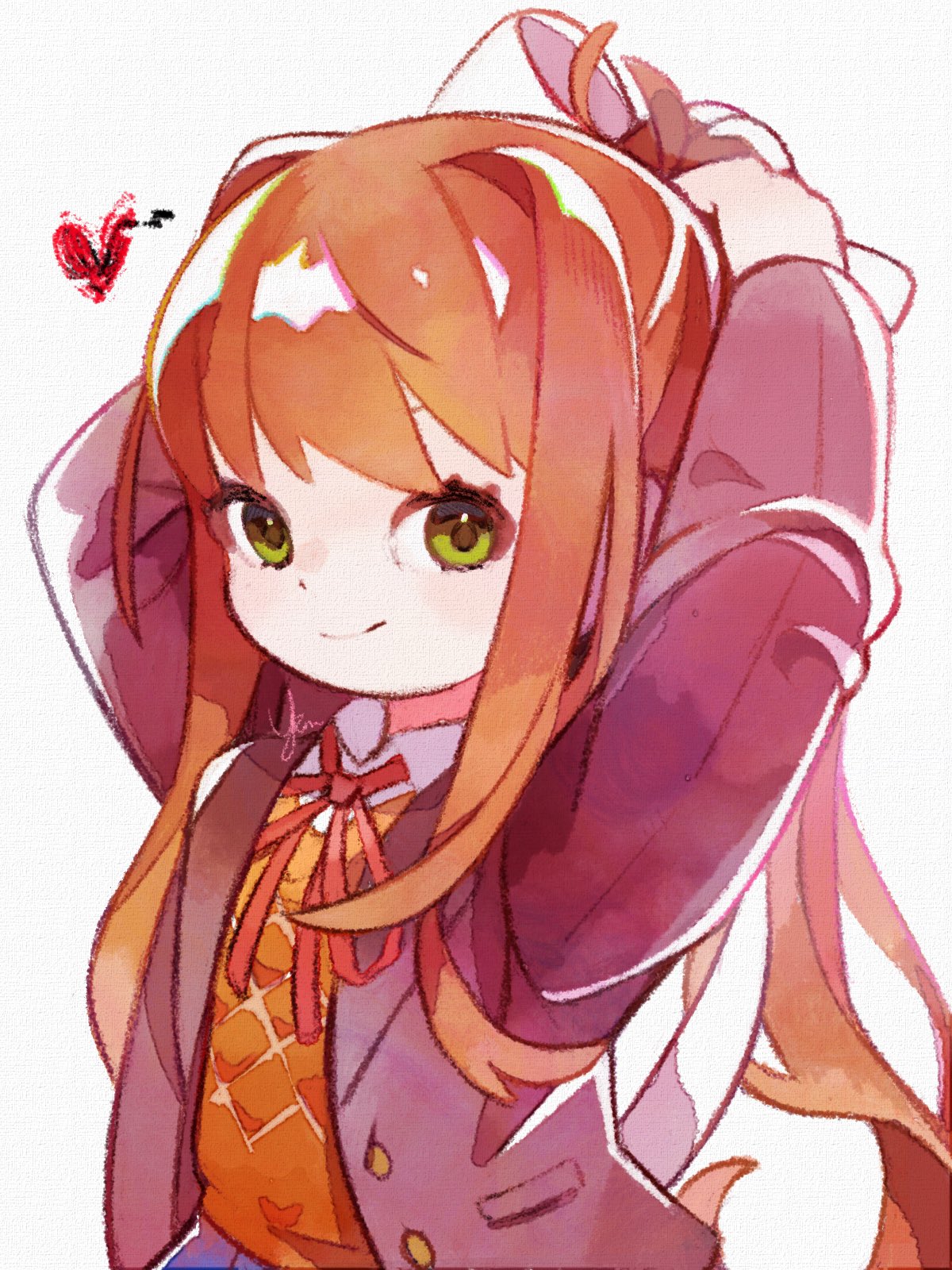 1girl, arms_up, blazer, bow, closed_mouth, cowboy_shot, doki_doki_literature_club, hair_bow