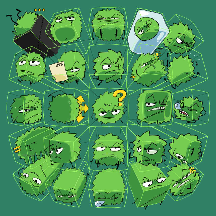 ..., ?, anger_vein, closed_eyes, flying_sweatdrops, full_body, green_background, guaguapiu