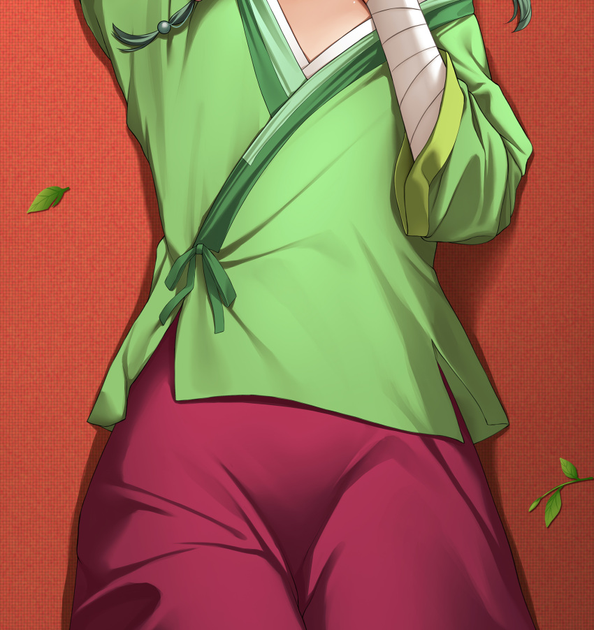 1girl, bandaged_arm, bandages, chinese_clothes, dakimakura_(medium), green_hanfu, hanfu, highres