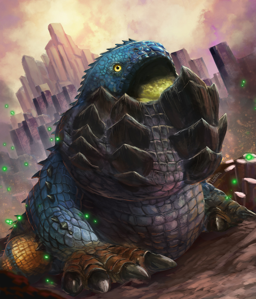 armor, artist_name, bearluxe, blue_scales, claws, dodogama, highres, light_particles