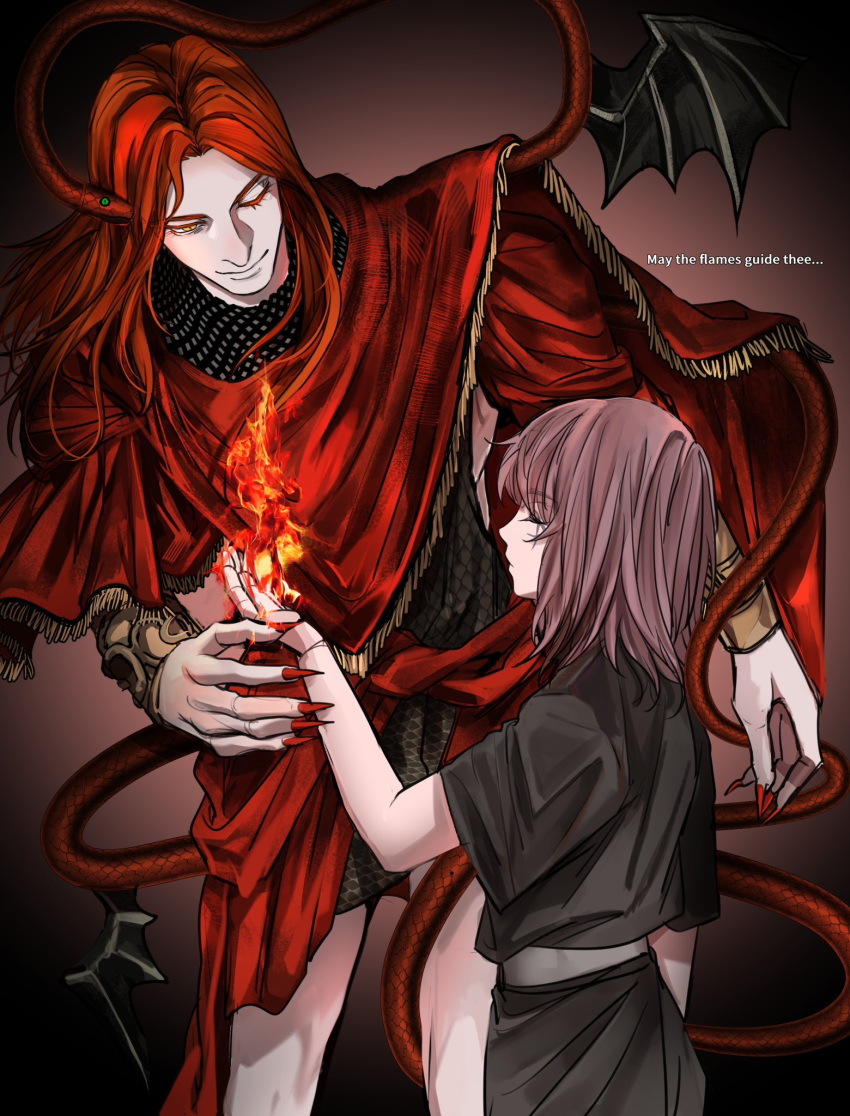 1boy, 1girl, affectbitter, aged_down, armor, brown_hair, chainmail, colored_sclera, commentary, elden_ring, elden_ring:_shadow_of_the_erdtree, english_commentary, english_text, facial_tattoo, fire, green_sclera, highres, light_smile, long_hair, medium_hair, melina_(elden_ring), messmer_the_impaler, one_eye_closed, ornate, ornate_armor, pyrokinesis, red_robe, red_snake, redhead, robe, single_bracelet, single_vambrace, slit_pupils, smile, snake, snake_on_shoulder, tattoo, vambraces, wings, yellow_eyes