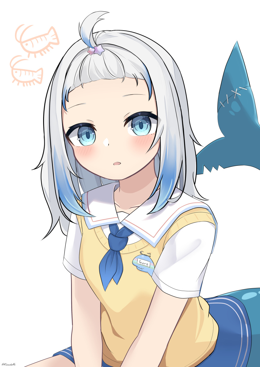1girl, absurdres, bangs_pinned_back, blue_eyes, blue_hair, blue_necktie, blue_skirt, blush