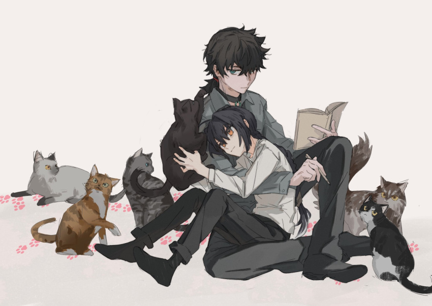 1boy, 1other, androgynous, animal, between_legs, black_choker, black_hair, blue_eyes, book, braid, braided_ponytail, cat, choker, contemporary, coral12131, fate/grand_order, fate/samurai_remnant, fate_(series), full_body, highres, holding, holding_animal, holding_book, holding_pencil, long_hair, long_sleeves, looking_at_viewer, low_ponytail, miyamoto_iori_(fate), on_ground, orange_eyes, pants, pencil, shirt, short_hair, sidelocks, simple_background, single_braid, sitting, sitting_on_lap, sitting_on_person, topknot, white_background, yamato_takeru_(fate)