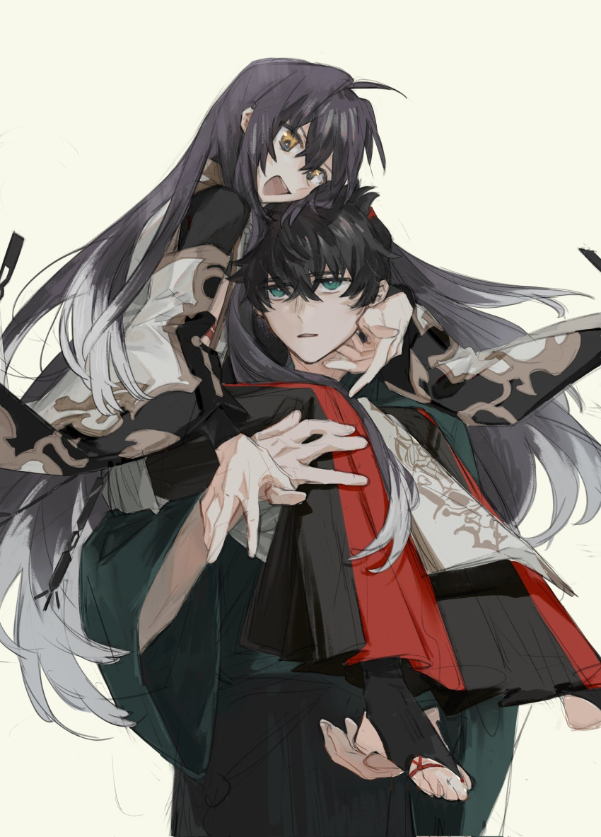 1boy, 1other, :d, ahoge, androgynous, black_hair, black_hakama, blue_eyes, blue_kimono, carrying, carrying_person, coral12131, fate/grand_order, fate/samurai_remnant, fate_(series), hair_down, hakama, highres, japanese_clothes, kimono, long_hair, miyamoto_iori_(fate), orange_eyes, shirt, short_hair, shoulder_carry, sidelocks, simple_background, sitting_on_shoulder, smile, topknot, white_background, white_kimono, yamato_takeru_(fate), yamato_takeru_(third_ascension)_(fate)