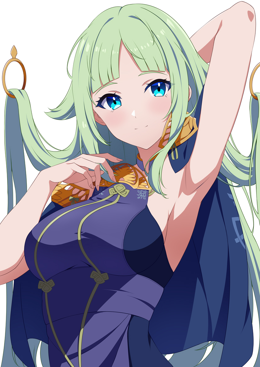1girl, armpits, blue_cloak, blue_dress, blue_protocol, cloak, dress, einrain_(blue_protocol), floating, floating_hair, floating_object, green_hair, halterneck, open_cloak, open_clothes, rin_ateria, sidelocks, solo, tassel