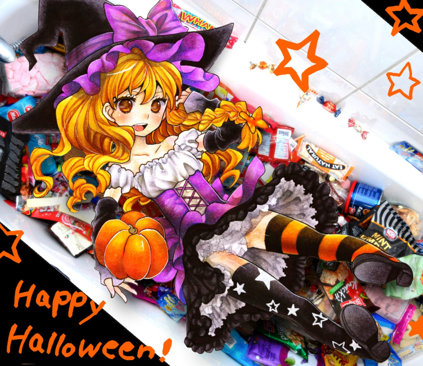 black_legwear, halloween, jack-o'-lantern, jack-o'-lantern, kirisame_marisa, mismatched_legwear, orange_legwear, print_legwear