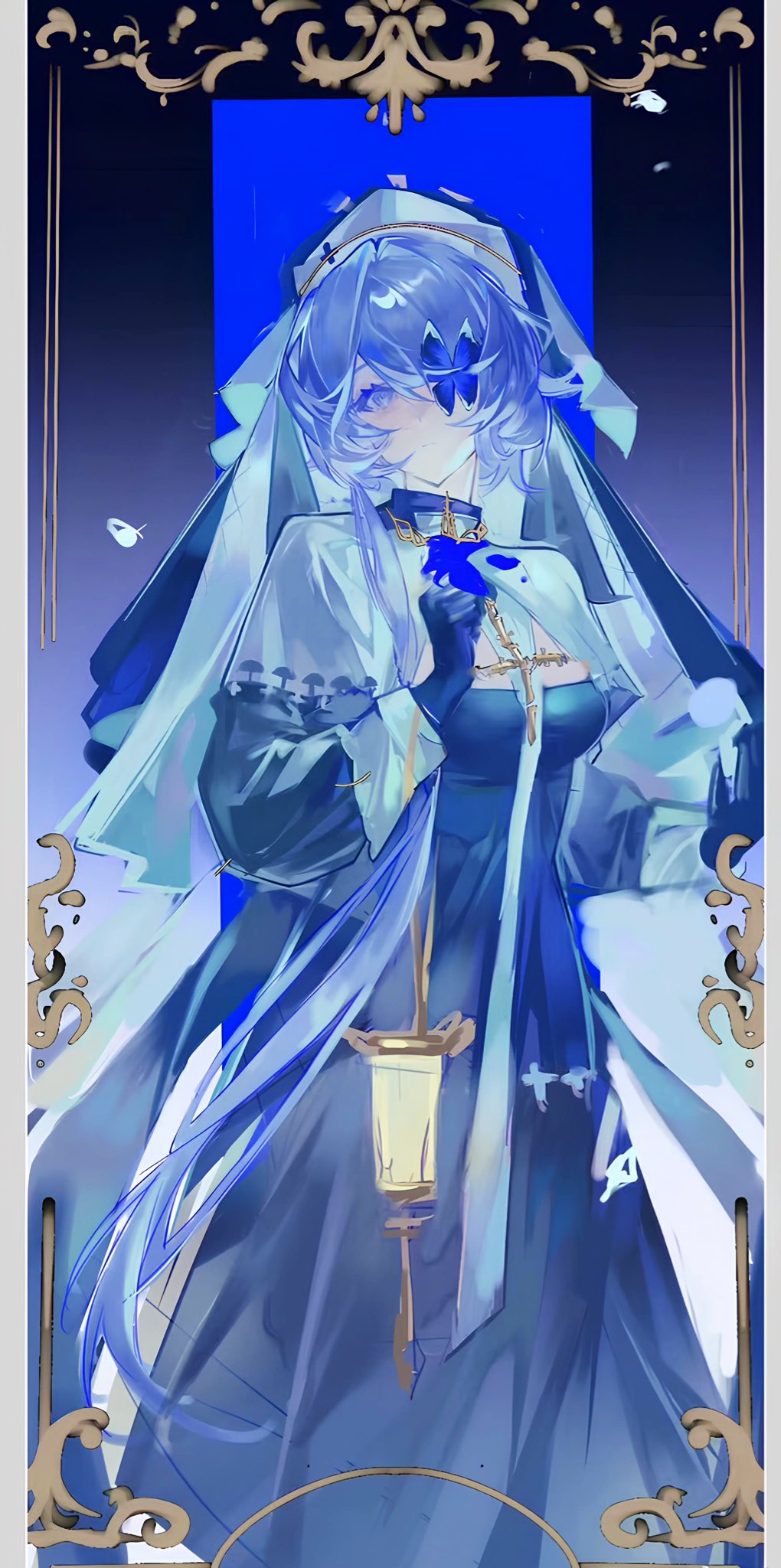 1girl, arknights, blue_eyes, blue_hair, butterfly_eyepatch, eyepatch, gloves, habit