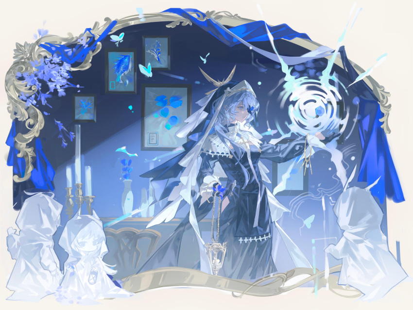 2girls, absurdres, arknights, blue_eyes, blue_hair, butterfly_eyepatch, candle, candlestand