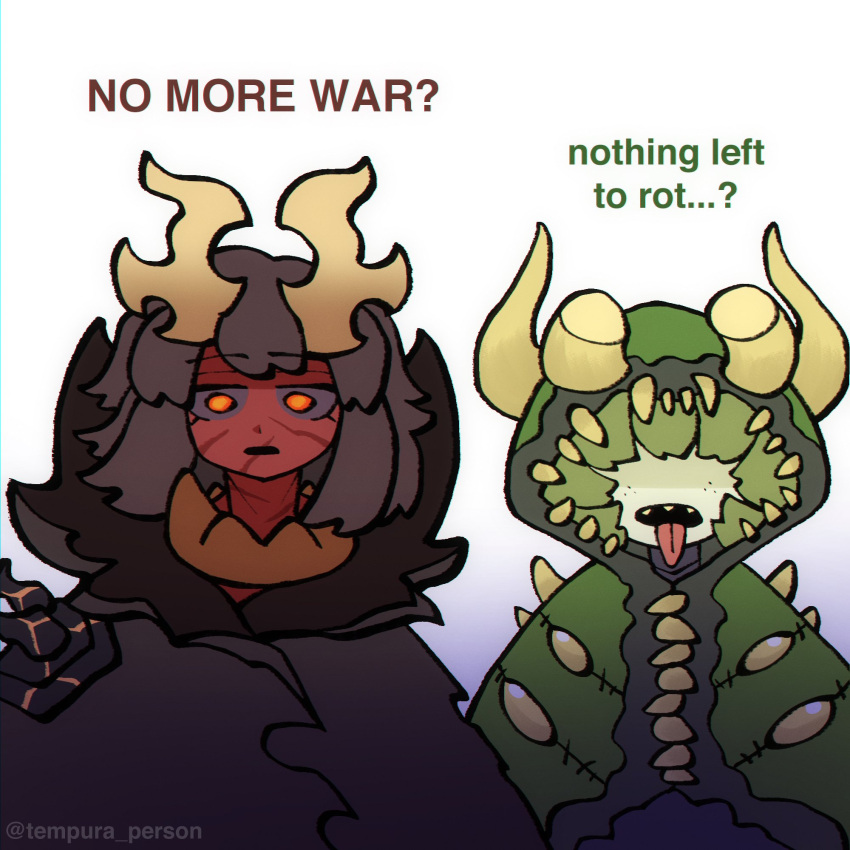 2girls, black_hair, black_sclera, chaos_(warhammer), colored_sclera, colored_skin, demon_girl, demon_horns