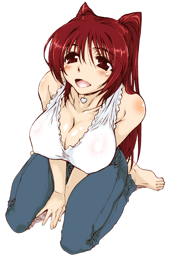 bare_shoulders, blush, breasts, cleavage, face, feet, hands, heart