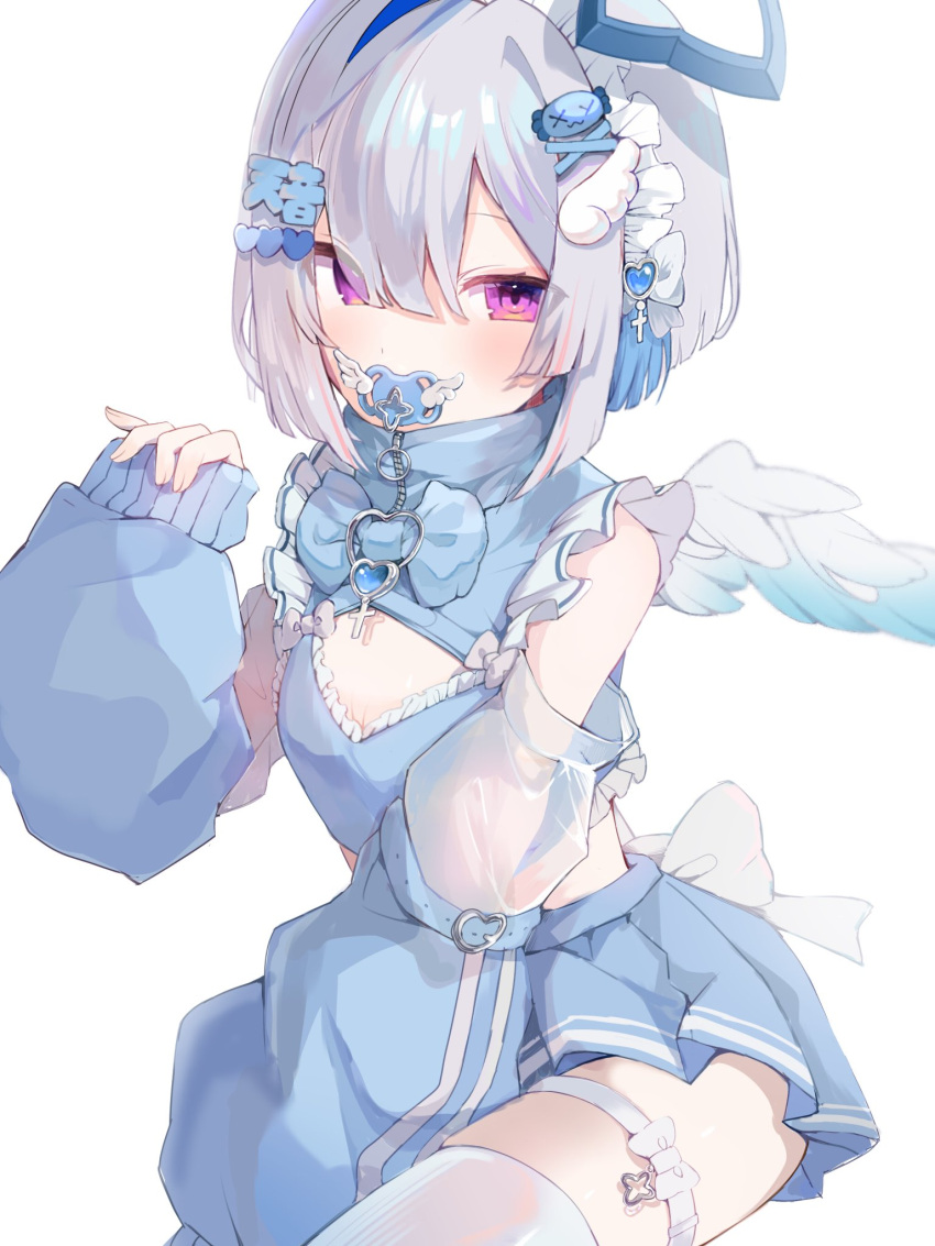 1girl, amane_kanata, angel_wings, asymmetrical_bangs, blue_hair, blue_skirt, bow, cleavage_cutout, clothing_cutout, colored_inner_hair, detached_sleeves, feathered_wings, frilled_sleeves, frills, gradient_wings, grey_hair, hair_between_eyes, hair_ornament, halo, highres, holoforce, hololive, midriff, midriff_peek, mini_wings, multicolored_hair, multicolored_wings, pacifier, pleated_skirt, replicayunikorn, short_hair, simple_background, single_hair_intake, skirt, solo, star_halo, thigh-highs, violet_eyes, virtual_youtuber, white_background, white_thighhighs, wings