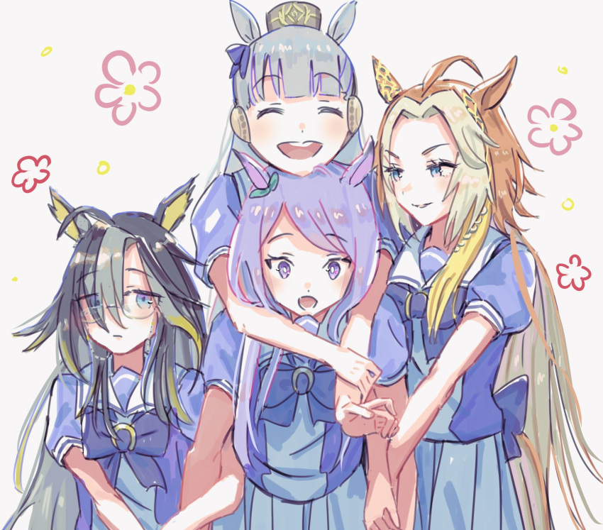 4girls, ahoge, animal_ears, arms_around_neck, back_bow, black_hair, blonde_hair, blue_eyes, blunt_bangs, bow, bowtie, bright_pupils, brown_hat, closed_eyes, commentary, cowboy_shot, dream_journey_(umamusume), ear_bow, ear_covers, eyes_visible_through_hair, eyewear_strap, glasses, gold_ship_(umamusume), green_bow, grey_hair, hair_over_one_eye, hat, hawawa_(hawawauma), headgear, highres, horse_ears, horse_girl, horse_tail, hug, light_brown_hair, long_hair, mejiro_mcqueen_(umamusume), multiple_girls, open_mouth, orange_hair, orfevre_(umamusume), pillbox_hat, pleated_skirt, puffy_short_sleeves, puffy_sleeves, purple_bow, purple_bowtie, purple_hair, purple_shirt, sailor_collar, school_uniform, shirt, short_sleeves, sideways_glance, single_ear_cover, single_sidelock, skirt, summer_uniform, tail, teeth, tracen_school_uniform, umamusume, upper_teeth_only, very_long_hair, violet_eyes, white_sailor_collar