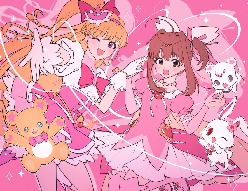 2girls, :d, ahoge, asahina_mirai, blonde_hair, blue_eyes, blush, bow