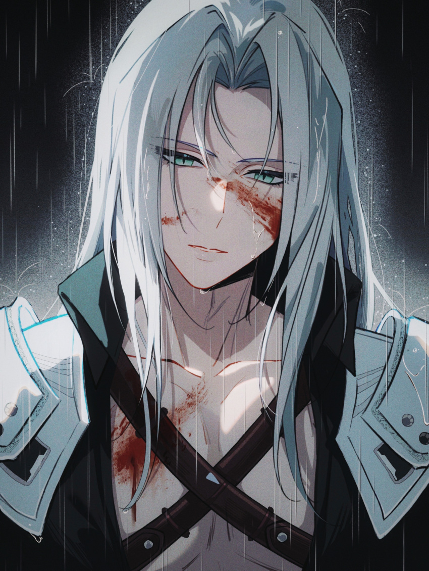 1boy, absurdres, armor, black_coat, blood, blood_on_chest, blood_on_face, chest_strap