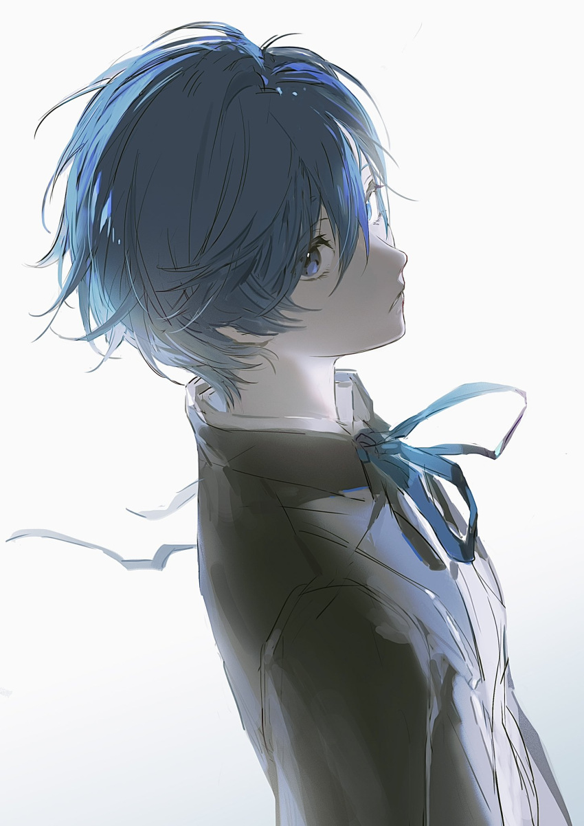 1boy, black_jacket, blazer, blue_eyes, blue_hair, blue_ribbon, facing_to_the_side, highres