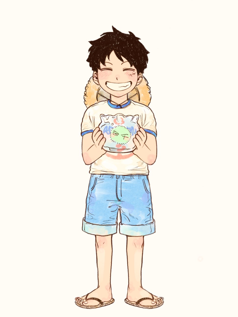 1boy, aged_down, black_hair, bowl, car_10001, closed_eyes, flip-flops, full_body