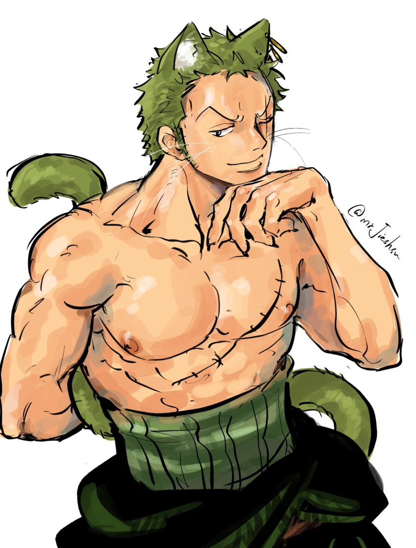 1boy, animal_ears, cowboy_shot, green_fur, green_hair, haramaki, highres, kemonomimi_mode
