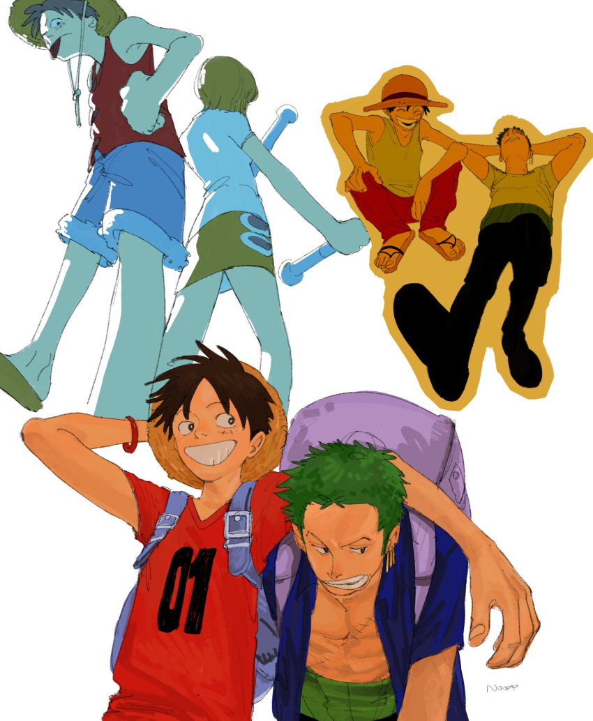 1girl, 2boys, arm_on_another's_shoulder, arms_behind_head, backpack, bag, black_eyes, black_hair
