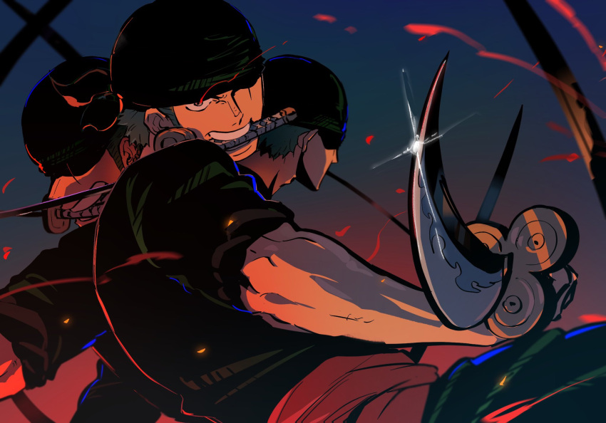 1boy, bandana, black_bandana, eye_trail, green_hair, haramaki, highres, holding