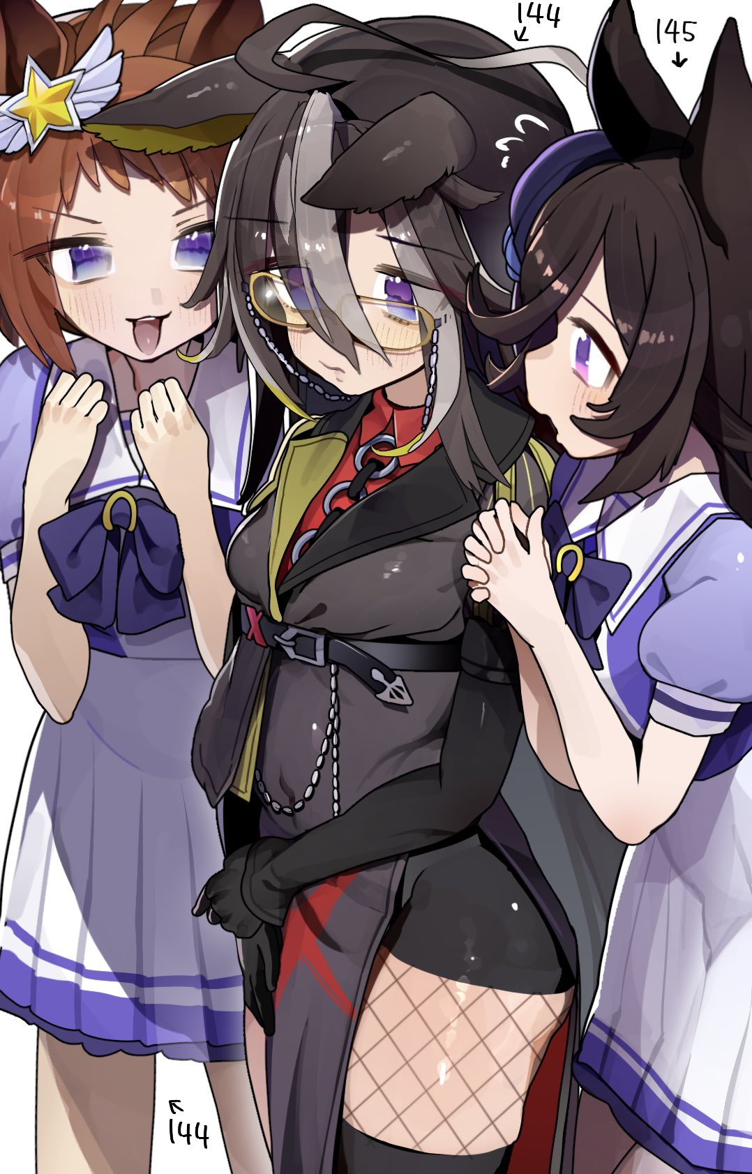 3girls, animal_ears, biko_pegasus_(umamusume), black_coat, black_gloves, blue_eyes, blue_flower, blue_rose