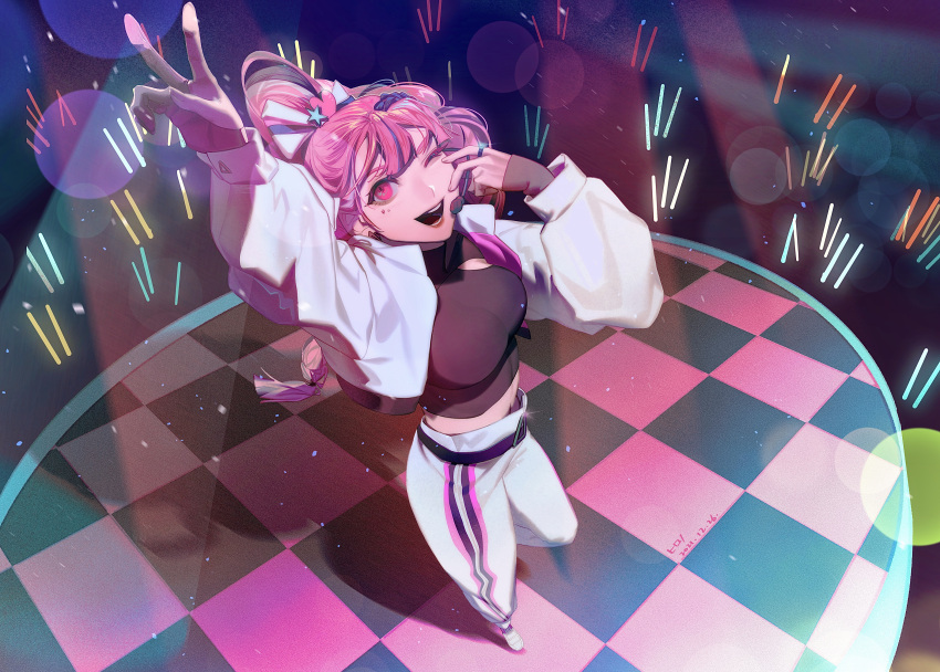 1girl, absurdres, concert, cookie_run, crop_top, glowstick, happy, high_ponytail