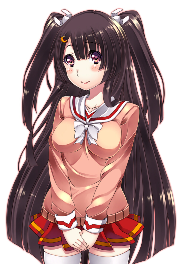 brown_eyes, brown_hair, houraisan_kaguya, kaguyahime, long_hair, school_uniform, skirt, thigh-highs