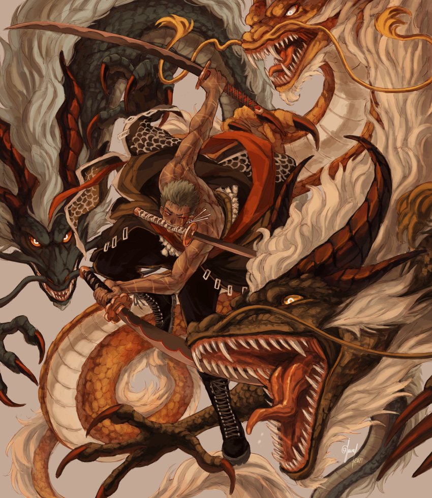 1boy, absurdres, claws, dragon, earrings, eastern_dragon, floating, full_body