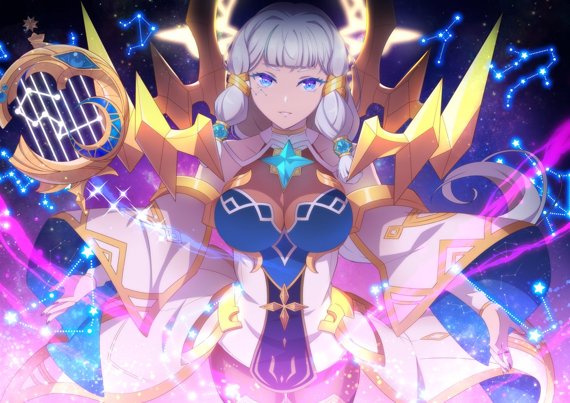 1girl, astromancer_elena, constellation, detached_sleeves, elena_(epic_seven), epic_seven, harp, instrument, looking_at_viewer, rin_ateria, solo, tagme, white_hair
