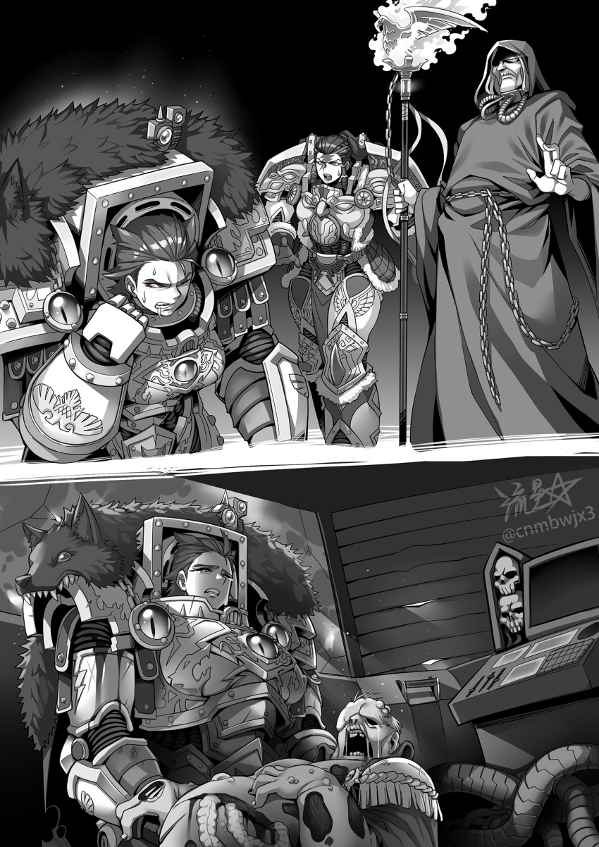 1boy, 2girls, armor, black_background, breastplate, chain, full_armor, gauntlets