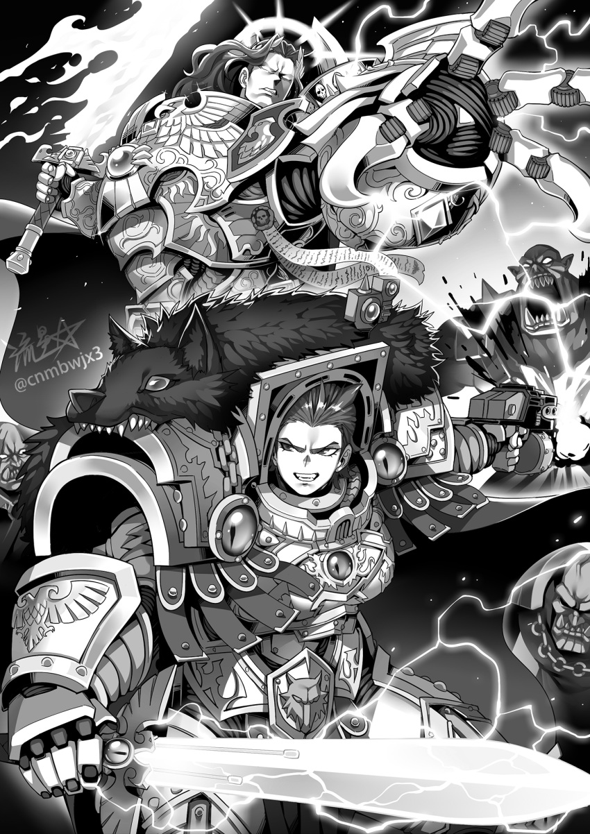 1boy, 1girl, 2024, armor, black_background, breastplate, clawed_gauntlets, closed_mouth, emperor's_sword, emperor_of_mankind, eyes_of_horus_(warhammer_40k), full_armor, gauntlets, greyscale, highres, holding, holding_sword, holding_weapon, horus_lupercal, laurel_crown, luna_wolves, monochrome, open_mouth, orc, ork_(warhammer), ornate_armor, pauldrons, pelt, power_armor, primarch, ryuusei_(mark_ii), shoulder_armor, signature, smile, storm_bolter, sword, terminator_armor, twitter_logo, twitter_username, warhammer_40k, weapon, white_armor, wolf_pelt