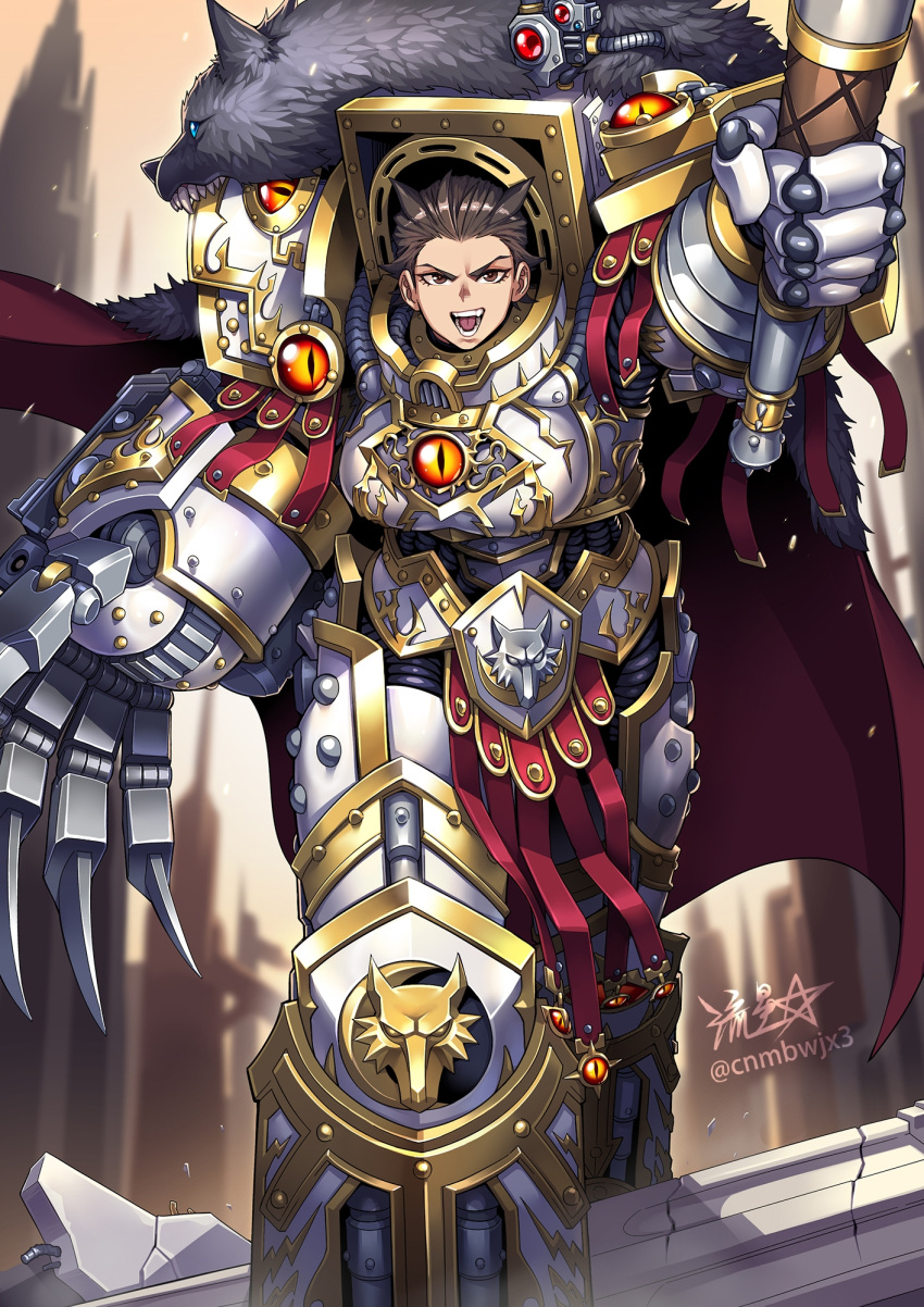 1girl, 2024, armor, armored_boots, boots, breastplate, brown_eyes, brown_hair