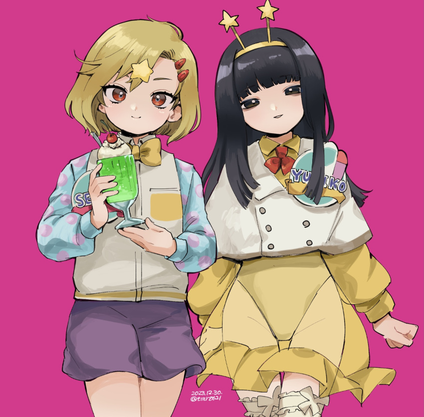 1girl, 1other, androgynous, antenna_hair, black_hair, blonde_hair, character_name, fake_antennae