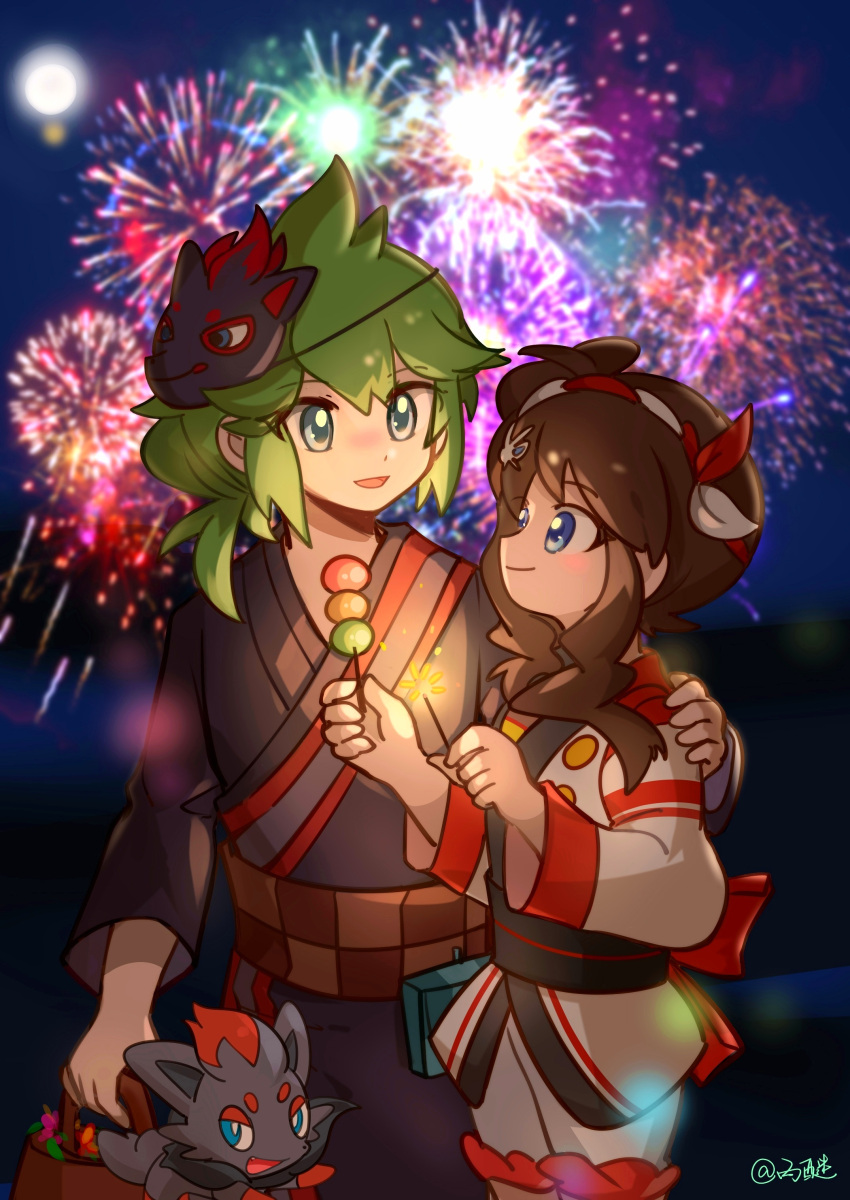 1boy, 1girl, absurdres, alternate_costume, arm_around_shoulder, black_kimono, blue_eyes, blush, brown_hair, c6h14o0918, closed_mouth, commentary, cowboy_shot, dango, festival, fireworks, food, fox_mask, green_hair, happy, height_difference, highres, hilda_(pokemon), hilda_(summer_2022)_(pokemon), holding, holding_food, japanese_clothes, kimono, long_sleeves, looking_at_another, mask, mask_on_head, medium_hair, n_(pokemon), n_(summer_2022)_(pokemon), official_alternate_costume, open_mouth, pokemon, pokemon_masters_ex, summer_festival, symbol-only_commentary, wagashi, white_kimono, yukata, zorua