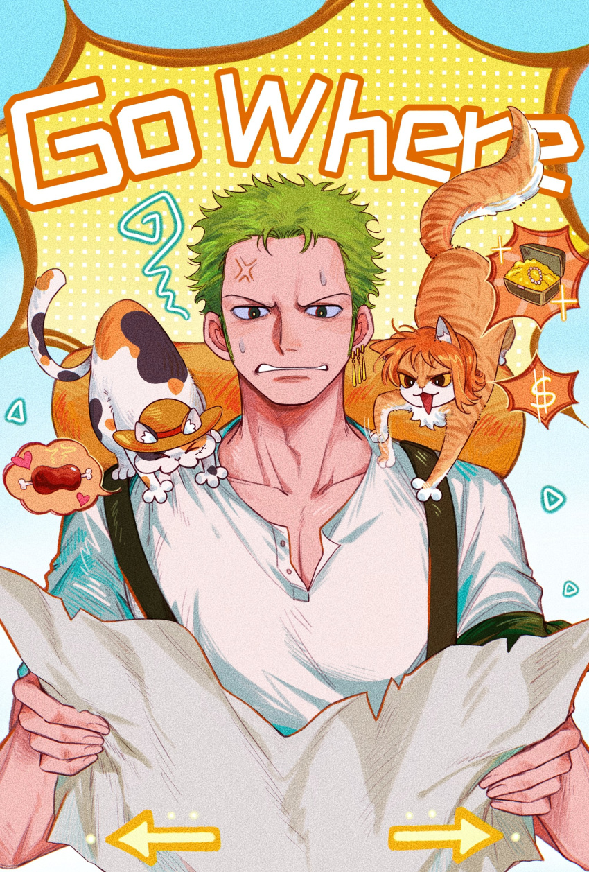 1boy, absurdres, anger_vein, animal_on_shoulder, animalization, calico, cat, earrings