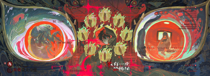 1girl, 2boys, bell, black_cloak, black_hair, bug, button_eyes, buttons