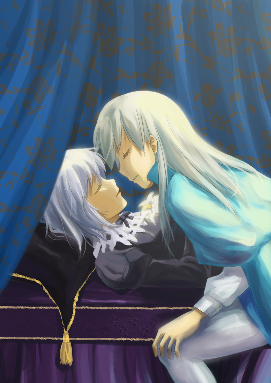 bed, blonde_hair, closed_eyes, eila_ilmatar_juutilainen, flower, highres, inali, incipient_kiss