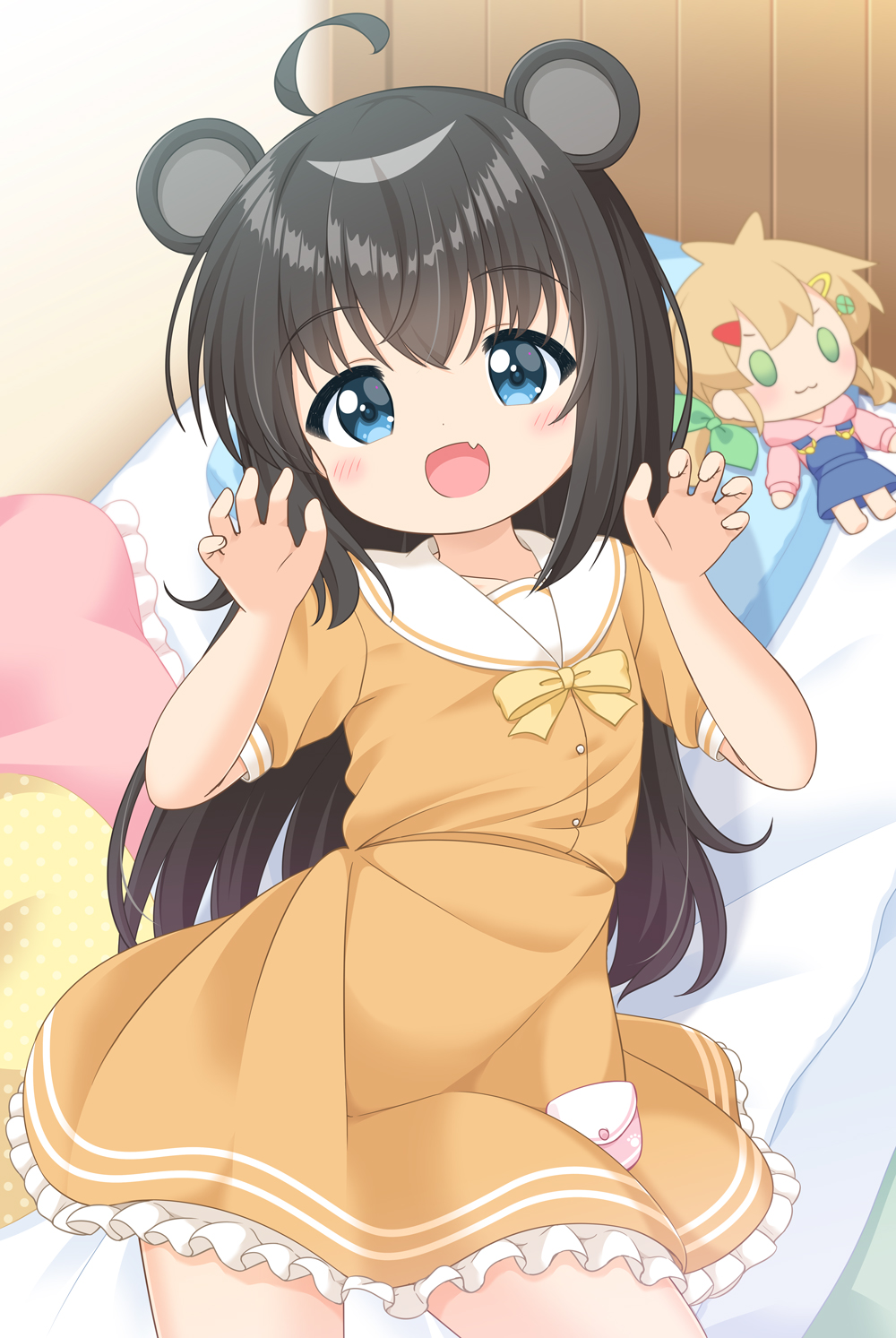 1girl, :d, ahoge, animal_ears, bear_ears, bear_girl, bed, bedroom, black_hair, blue_eyes, blush, borrowed_character, bow, buttons, claw_pose, collarbone, commentary_request, commission, doll, fang, frilled_skirt, frills, hair_between_eyes, hands_up, highres, indoors, koguma_yuno, looking_at_viewer, miniskirt, open_mouth, original, paid_reward_available, pila-pela, pillow, pocket, sailor_collar, sailor_shirt, shirt, short_sleeves, skeb_commission, skin_fang, skirt, smile, solo, variant_set, white_sailor_collar, yellow_bow, yellow_shirt, yellow_skirt