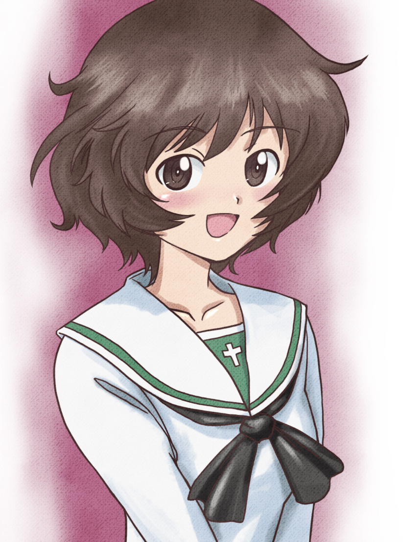1girl, :d, akiyama_yukari, black_neckerchief, blush, bob_cut, breasts, brown_eyes