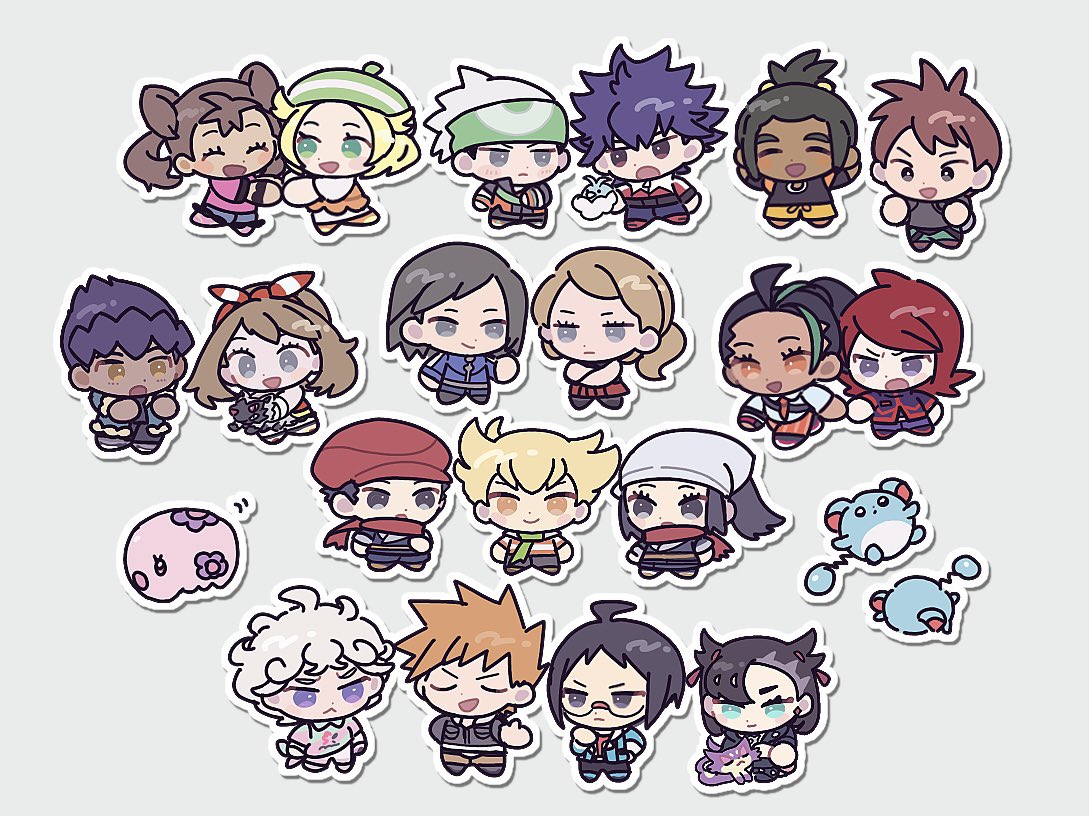 6+boys, 6+girls, :d, :o, akari_(pokemon), barry_(pokemon), bede_(pokemon), bianca_(pokemon), black_hair, black_jacket, black_shirt, blonde_hair, blue_eyes, blue_jacket, blue_oak, blue_shorts, bow, brendan_(pokemon), brown_eyes, brown_hair, calem_(pokemon), cheren_(pokemon), chibi, chibi_only, closed_eyes, closed_jacket, closed_mouth, crossed_arms, dark-skinned_female, dark-skinned_male, dark_skin, dress, eneko_(olavcnkrpucl16a), full_body, glasses, green_eyes, green_hair, green_hat, green_scarf, grey_eyes, grey_hair, hair_bow, hat, hau_(pokemon), holding, holding_pokemon, hop_(pokemon), hugh_(pokemon), jacket, japanese_clothes, long_hair, marill, marnie_(pokemon), may_(pokemon), multicolored_hair, multiple_boys, multiple_girls, munna, naranja_academy_school_uniform, necktie, nemona_(pokemon), open_clothes, open_jacket, open_mouth, orange_eyes, orange_necktie, orange_shorts, pants, pink_shirt, pokemon, pokemon_(creature), pokemon_bw, pokemon_bw2, pokemon_dppt, pokemon_emerald, pokemon_hgss, pokemon_legends:_arceus, pokemon_lgpe, pokemon_oras, pokemon_rse, pokemon_sm, pokemon_sv, pokemon_swsh, pokemon_xy, ponytail, poochyena, purple_hair, purrloin, red_bow, red_eyes, red_hat, red_scarf, red_shirt, red_skirt, redhead, rei_(pokemon), scarf, school_uniform, serena_(pokemon), shauna_(pokemon), shirt, short_hair, shorts, silver_(pokemon), skirt, smile, swablu, trace_(pokemon), two-tone_hair, violet_eyes, white_dress, white_hat, white_shirt, yellow_shorts