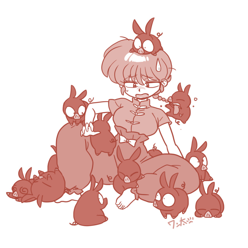 1girl, 1other, @_@, animal, animal_ears, animal_on_head, animal_on_leg, barefoot