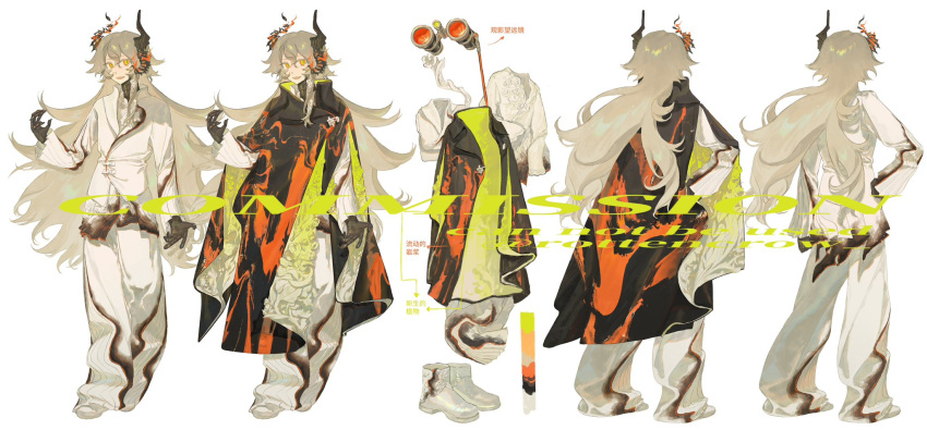 1boy, :d, black_cloak, black_horns, burning, burnt_clothes, cloak, commission, double-parted_bangs, fire, flower, gradient_cloak, green_cloak, hand_up, highres, horns, long_hair, male_focus, multicolored_cloak, orange_eyes, original, red_cloak, rottencrow, simple_background, smile, smoke, solo, teeth, upper_teeth_only, very_long_hair, water, watermark, white_background, white_cloak, white_flower, white_hair