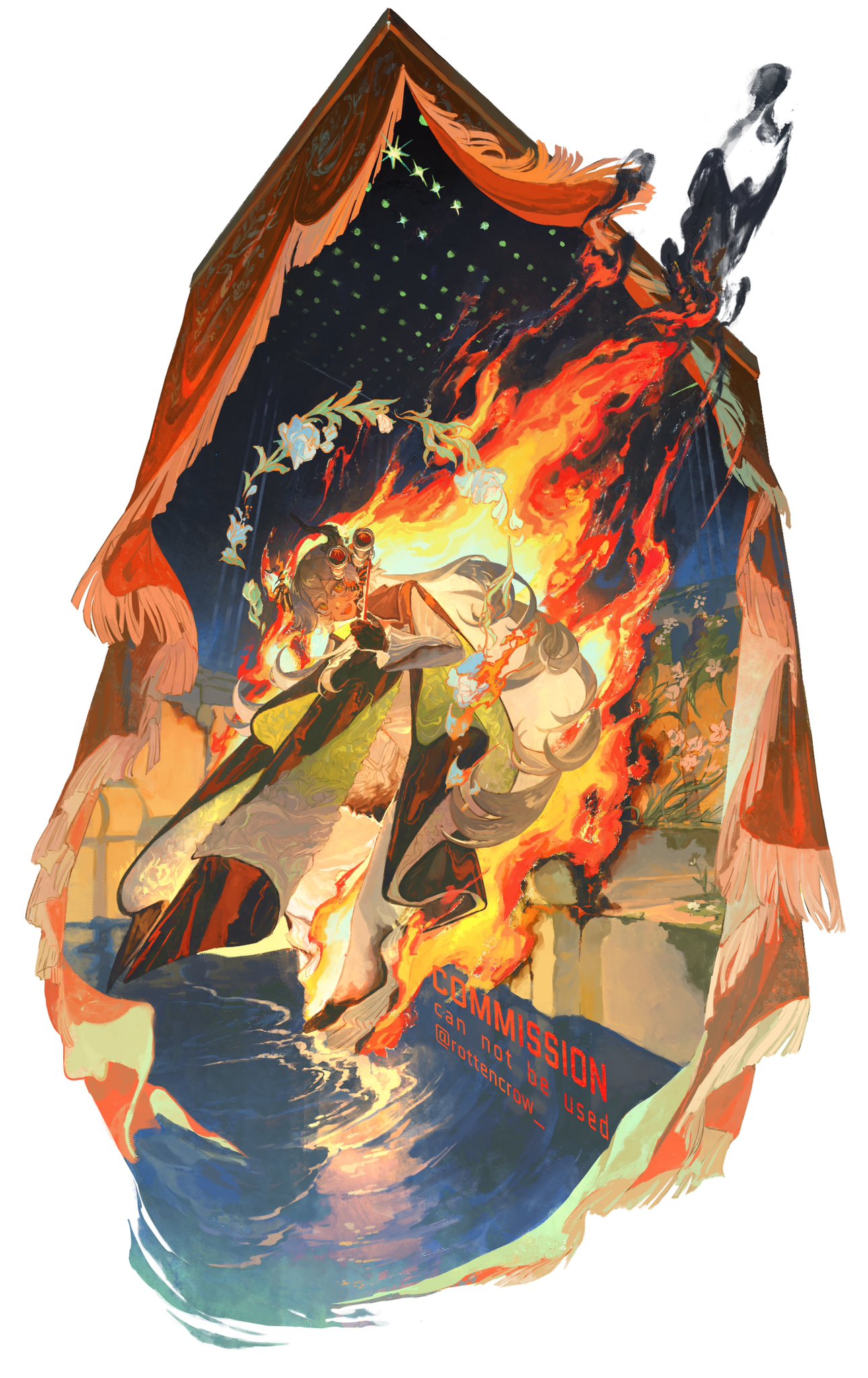 1boy, :d, black_cloak, black_horns, burning, burnt_clothes, cloak, commission