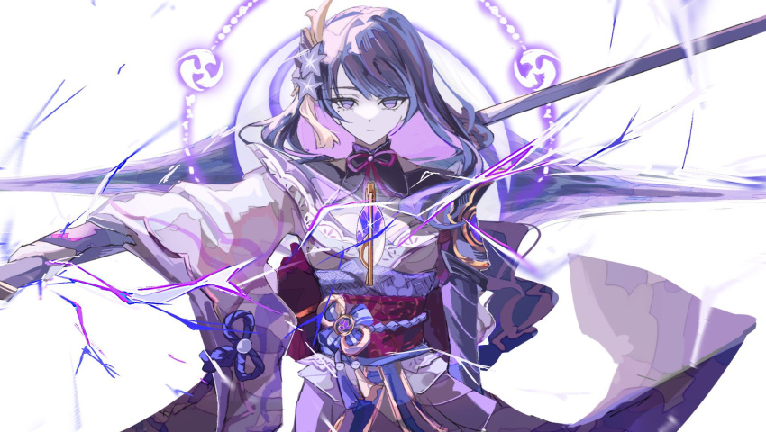 1girl, bridal_gauntlets, closed_mouth, commentary_request, electricity, engulfing_lightning_(genshin_impact), flower, genshin_impact