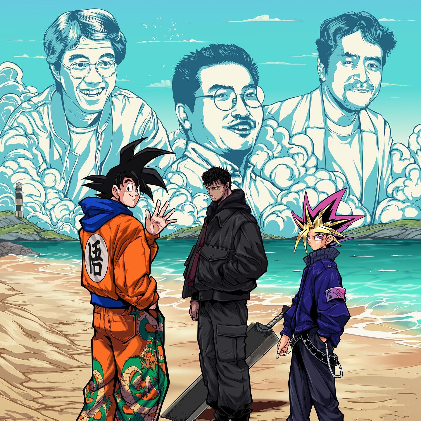 6+boys, armband, artist_name, beach, berserk, black_hair, blonde_hair, blue_sky