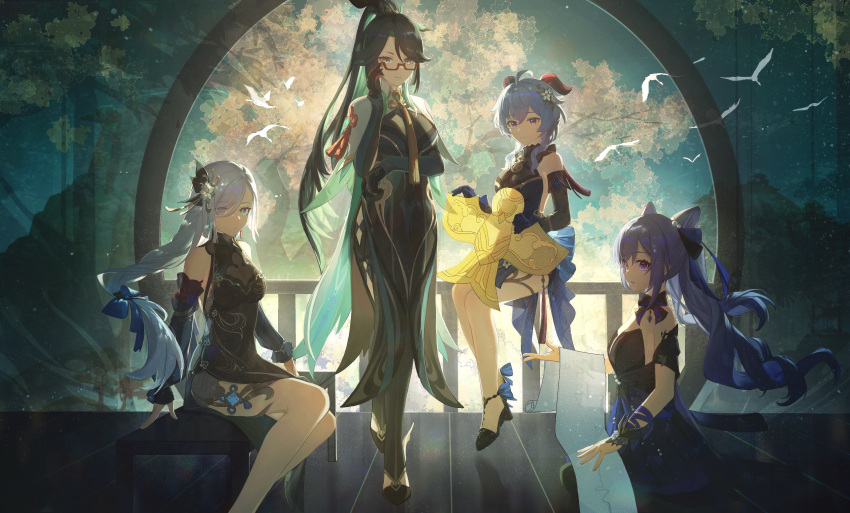 4girls, absurdres, adjusting_eyewear, ahoge, arm_ribbon, bare_shoulders, bench, bird