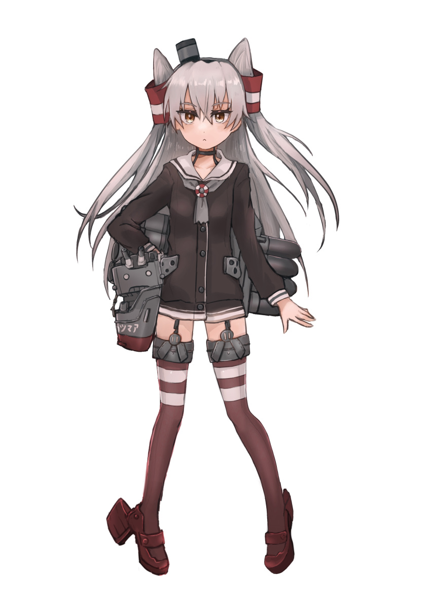 1girl, absurdres, amatsukaze_(kancolle), brown_dress, brown_eyes, dress, full_body, garter_straps