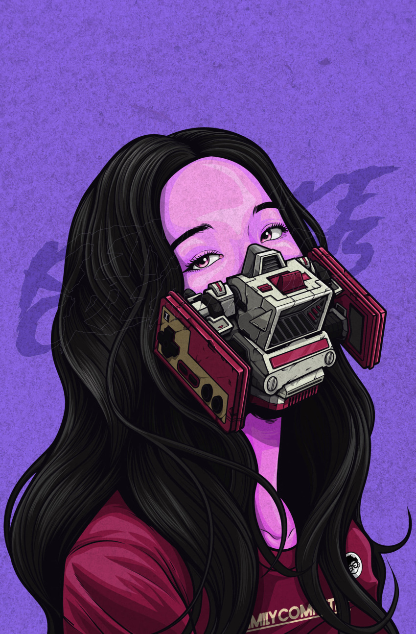 1girl, black_hair, blackpink, commentary, eyelashes, famicom, famicom_gamepad, forehead